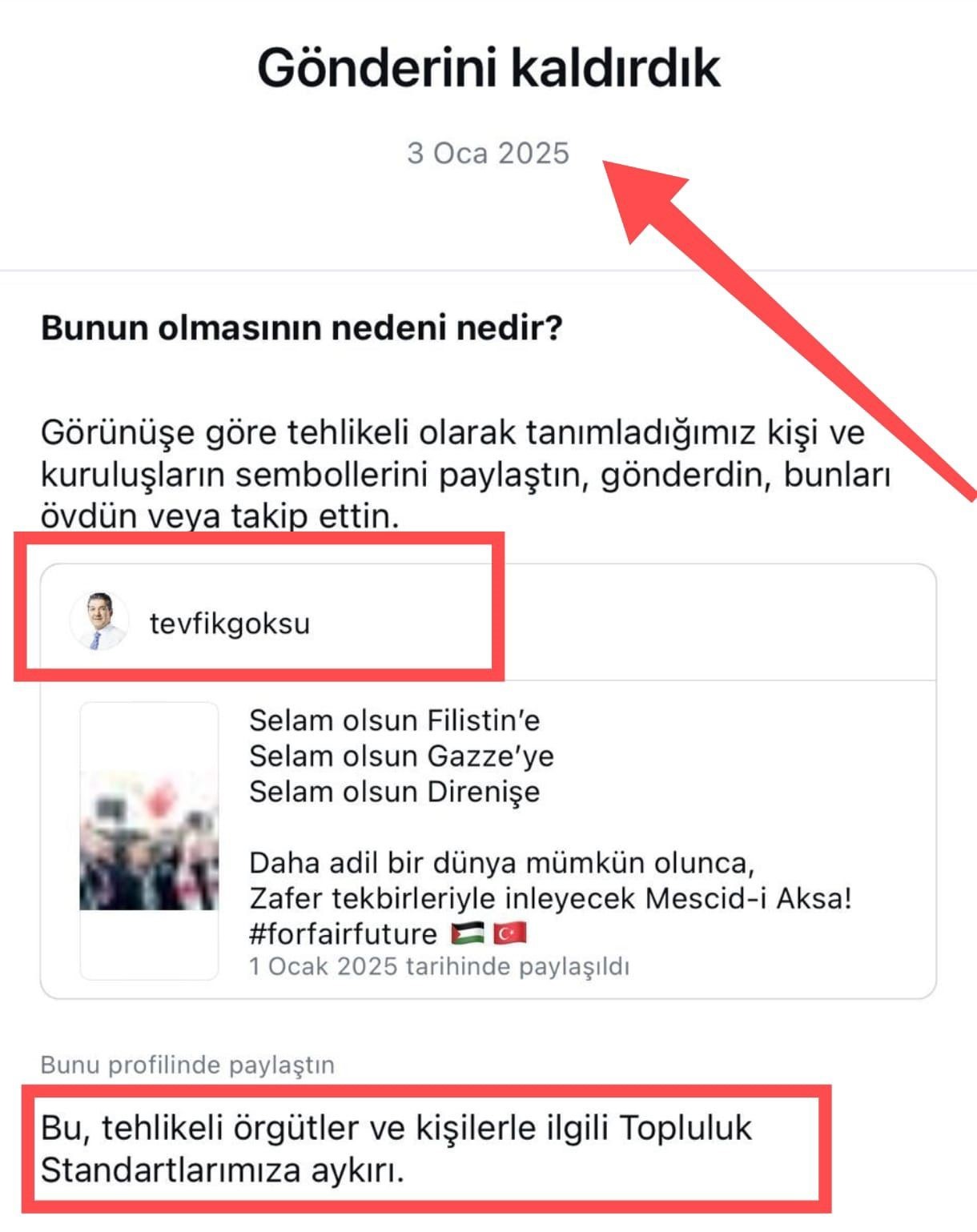 İsrail’in zulmüne sessiz kalan Instagram’dan Tevfik Göksu’nun Filistin paylaşımına sansür