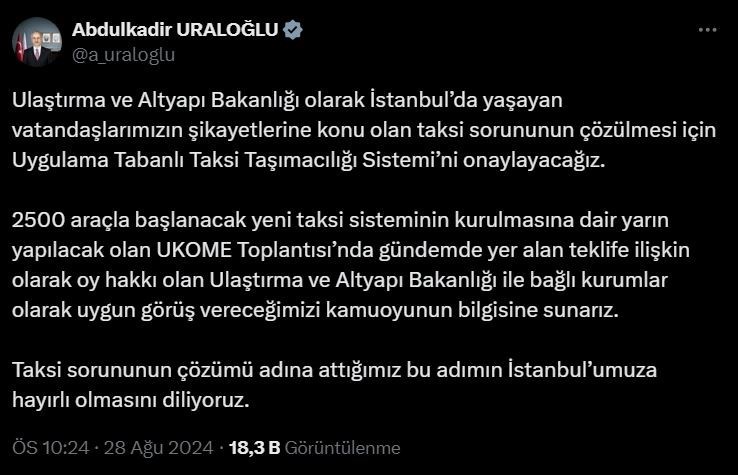 Ulaştırma ve Altyapı Bakanı Uraloğlu: "Uygulama Tabanlı Taksi Taşımacılığı Sistemi’ni onaylayacağız"