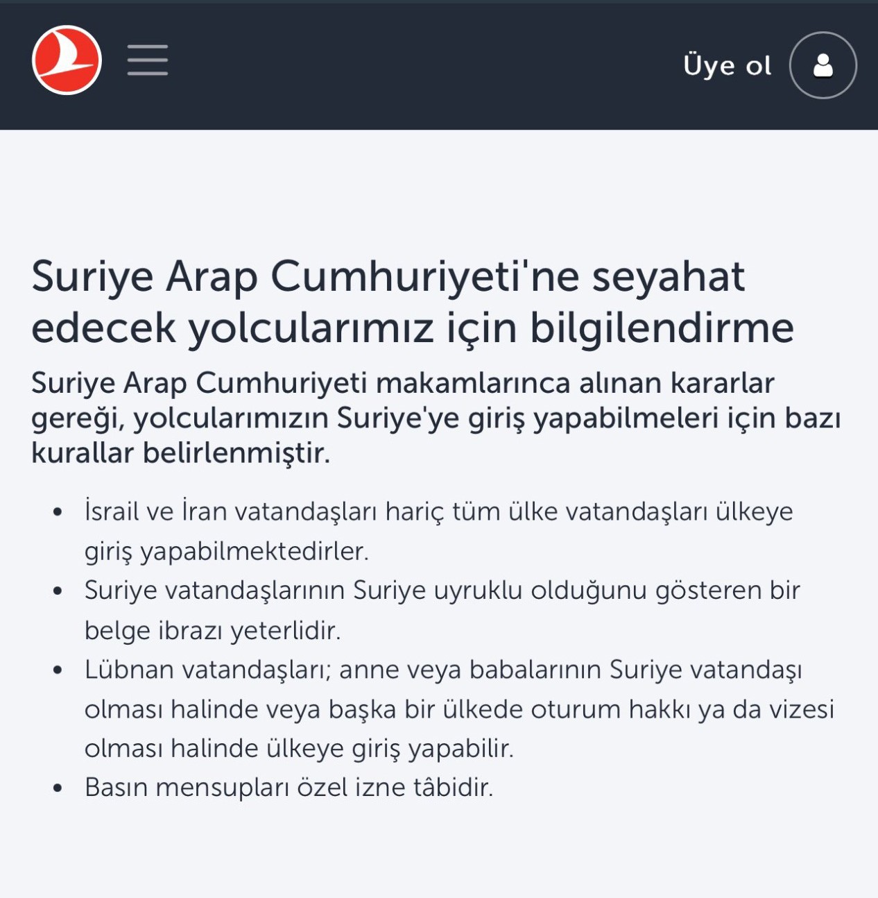 THY, Suriye’ye İran ve İsrail vatandaşlarını taşımayacak